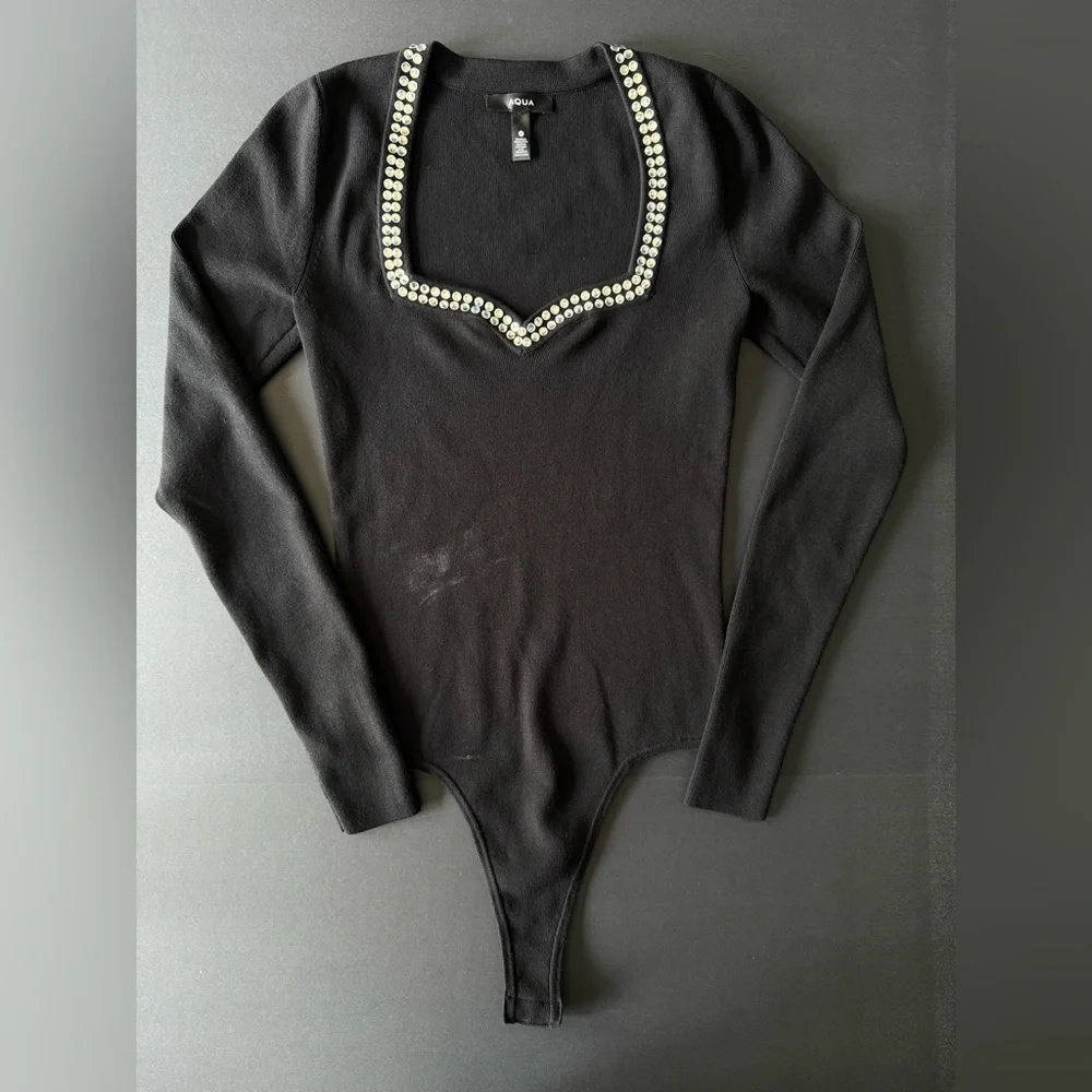 Aqua Black Ribbed Bodysuit Women’s Small | Rhinestone Neckline - Picture 1 of 9